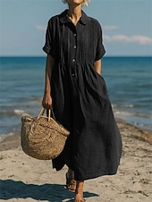 abordables Vestidos-Mujer Vestido Midi Vestidos con tacto de lino Vestido de Camisa Vestido Kaftan Moda Moderno Diario Exterior Vacaciones Ajuste regular Plano Manga Corta Cuello Camisero Azul Piscina Negro Blanco Verde