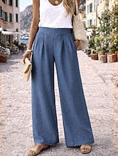 preiswerte Unterteile-Damen Kunstbaumwollleinen Weites Bein Chinos Sommerhose Urlaub Basic Lässig Volle Länge Hohe Taille Einfach Tasche Elastischer Bund Bequem Weich Mikroelastisch Täglich Outdoor Straße Navy-Blau Sommer