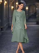 זול ערכות שמלות של אמא-שני חלקים מעטפת עמוד באורך הקרסול שמלת אורח לחתונה שמלה לאם הכלה  ללא שרוולים עם תכשיטים אלגנטית אורחת חתונה מסיבת החתונה שיפון תחרה שמלות ז'קט עם אפליקציות