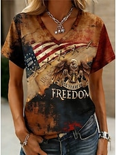  Amerikaanse onafhankelijkheidsdag Dames T-shirt Afdrukken Grafisch Amerikaanse vlag Vintage Stijlvol Klassiek Korte mouw V-hals Normale tops Dagelijks Licht Bruin Zomer Lente