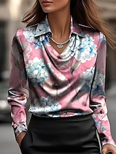 preiswerte Blumenblusen-Damen Hemd Elegant Satin-Top Seiden-Oberteile Druck Drapiert Blumen Grafik Elegant Stilvoll Lässig Langarm Wasserfallausschnitt Normale Oberteile Täglich Arbeit Ferien Rosa Rote Purpur Regenbogen