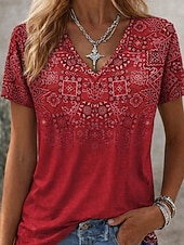  בגדי ריקוד נשים חולצה קצרה דפוס פרחוני גראפי וינטאג' מסוגנן קלסי שרוולים קצרים צווארון V חולצות רגילות יומי לבן / כחול שחור אודם קיץ אביב