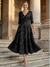 billige Cocktailkjoler-A-linje Ankellengde Te-lengde Formell kjole Cocktailkjoler Elegant 3/4 ermer V-hals Bryllup Formell Sateng Jacquard med Dusk