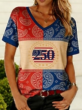  Giorno dell'Indipendenza Americana Per donna Maglietta Stampato Grafico Bandiera Americana Bohemien Vintage Elegante Manica Corta Scollo a V Top Regolari Quotidiano Uscire Weekend Blu Rosso Cachi