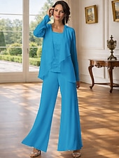 abordables Trajes de pantalón de mamá-Traje de pantalón Traje de 3 piezas Hasta el Suelo Vestido de Madrina Sin Mangas Barco de cuello Elegante Talla Grande Bolero incluido Formal Invitado a la boda Gasa con Encaje
