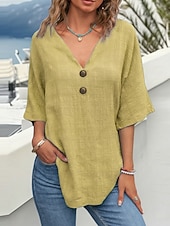 olcso Alapvető műszálas ingek-Női Pamut vászon ingek Blúz Műpamut ágynemű Gombok Aszimmetrikus szegély Sima Aktív Stílusos Háromnegyedes Harang V-alakú Normál felsők Napi Szabadság Alkalmi Medence Sárga Lóhere Világos szürke