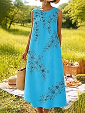 cheap Floral Dress-Women's Midi Dress Shift Dress Sundress A Line Dress Vacation Casual Boho Beach Party Regular Fit Floral Graphic Sleeveless Crew Neck Blue Yellow Pink Purple Summer Spring