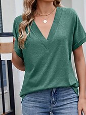 お買い得  プレーンTシャツ-女性用 Tシャツ ティートップ 平織り ファッション スタイリッシュ クラシック 半袖 Ｖネック レギュラートップス 日常 お出かけ 週末 ブラック ホワイト ピンク ワイン ネイビーブルー 夏 春
