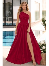 abordables Vestidos de noche de cintura imperio-Corte A Hasta el Suelo Trajes de gala Vestidos de noche Corte Cenicienta Vestimenta formal Elegante Minimalista Sin Mangas Un Hombro Fiesta de baile Invitado a la boda Satén con Plisado Abertura