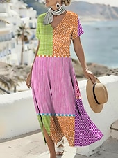 baratos Vestidos Listrados e Geométricos-Mulheres Vestido midi Vestido casual Vestido A Line Vestido estampado Moda Moderno Ao ar livre Férias Final de semana Ajuste Largo Âmbar Geométrica Manga Curta Decote V Azul Rosa empoeirado Rosa Roxo