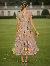cheap Tea Length-A-Line Tea Length Cocktail Dresses Elegant Floral Short Sleeve Crew Neck Garden Party Wedding Lace with 3D Flowers Embroidery Appliques