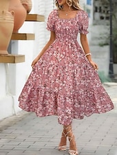 cheap Casual Floral Dresses-Women's Midi Dress Casual Dress Floral Dress Elegant Fashion Modern Outdoor Vacation Going out Regular Fit Floral Short Sleeve Square Neck Blue Black White Pink Summer Spring