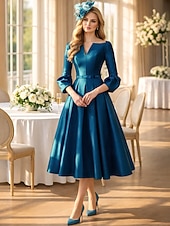 preiswerte Cocktailkleider-A-Linie Tee-Länge Cocktailkleider Partykleider Elegant Mutter Dreiviertelarm V Ausschnitt Formell Hochzeitsgast Satin mit Falten