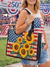  תיק נשיאה פוליאסטר לנשים עם קיבולת גדולה וכיס עם רוכסן, עיצוב פטריוטי של חמניות ודגל אמריקאי, מושלם ליום השנה ה-250, יום העצמאות ולשימוש יומיומי יומיומי