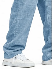 cheap Classic-Men's Linen Pants Trousers Summer Pants Baggy Pants Pocket Elastic Waist Straight Leg Solid Color Comfort Comfortable Full Length Casual Daily Holiday Vacation Fashion Blue Black Inelastic