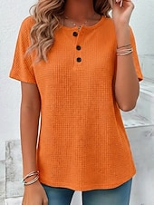 abordables Camiseta lisa-Mujer Camiseta Tops de verano Tops de punto gofre Botón frontal Graphic Plano Elegante Clásico Manga Corta Cuello Barco Tops regulares Diario Noche Ropa de playa Negro Blanco Amarillo Rojo Naranja