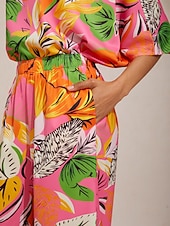 tanie Spodnie-Dzikie satynowe spodnie z szerokimi nogawkami w kształcie hibiskusa