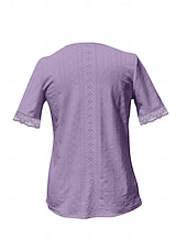 cheap Plain tee-Women's T Shirt Tee Top Eyelet Plain Fashion Stylish Classic Short Sleeve Square Neck Regular Tops Long Tops Daily Going out Weekend Blue Purple Summer Spring