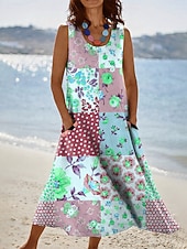 tanie Sukienki kwiatowe-Damskie Sukienka midi Sukienka letnia Sukienka A line Urlop Codzienny Boho Święto Luźna Kwiaty Graficzny Bez rękawów Dekolt w kształcie litery U Niebieski Żółty Rumiany róż Zielony Lato Wiosna