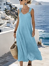 cheap Dresses-Women's Maxi Dress Linen-feel Dresses A Line Dress Summer Dress Casual Daily Loose Fit Plain Sleeveless V Neck Blue Black White Yellow Summer