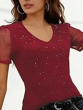 abordables T-shirt uni-Femmes T-shirt Paillettes Maille Couleur Unie Élégant Mode Classique Manche Courte Col en V Hauts Réguliers Quotidien Sortir Week-end Noir Rouge Été Printemps