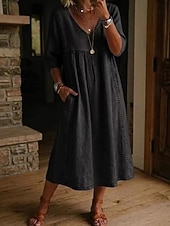  Femmes Robe Midi Robes effet lin Robe d'Été Robe trapèze Robe d'été Vacances Fête Basique Quotidien Bureau Plage Coupe Ample Uni Demi Manches Col en V Bleu Ciel Noir Olive verte Jaune Été Printemps