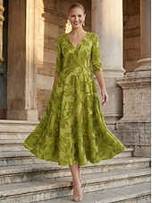 billige Cocktailkjoler-A-linje Ankellengde Te-lengde Formell kjole Cocktailkjoler Elegant 3/4 ermer V-hals Bryllup Formell Sateng Jacquard med Dusk