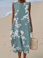 baratos Vestidos Florais-Mulheres Vestido midi Vestido de turno Vestidos Para o Verão Vestido A Line Férias Casual Boho Praia Festa Ajuste Largo Floral Gráfico Sem Manga Gola Redonda Azul Roxo Verde cáqui Verão Primavera