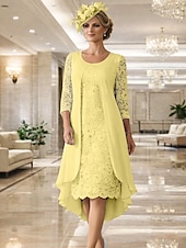  Linha A Até os Joelhos Vestido de convidada de casamento Vestido Para Mãe dos Noivos Manga Longa Decorado com Bijuteria Elegante Tamanhos Grandes Convidado do casamento Chiffon Renda com Renda