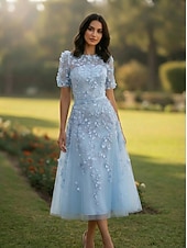 abordables Vestidos de cóctel-A-Line Tea Length Cocktail Dresses Elegant Vintage Floral Short Sleeve Crew Neck Wedding Formal Pink Dress Lace Tulle with Beaded Eembroidered Appliques