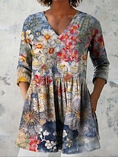  Damen Bluse Druck Blumen Urlaub Täglich Lässig Dreiviertelarm V Ausschnitt Normale Oberteile Täglich Ferien Ausgehen Blau Königsblau Purpur Grün Sommer Frühling Herbst