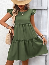 baratos Vestido branco-Mulheres Minivestido Vestido casual vestidos peplum Elegante Moda Moderno Ao ar livre Férias Para Noite Ajuste Largo Tecido Manga Curta Gola Redonda Azul Preto Verde Tropa Vinho Verão Primavera