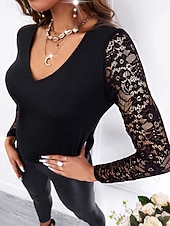 billiga Spets toppar-Dam Spets Splicing Top Blus Lappverk Ensfärgat Elegant Mode Stylish Långärmad V-hals Vanliga toppar Dagligen Utekväll Helgen Svart Sommar Vår