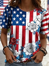  Amerikanischer Unabhängigkeitstag Damen T Shirt T-Shirt Druck Blumen Grafik Flagge Stilvoll Klassisch Lässig Kurzarm Rundhals Normale Oberteile Täglich Ausgehen Wochenende Blau Königsblau Sommer