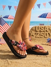  Tongs pour femmes, édition spéciale 250e anniversaire des États-Unis – sandales de plage patriotiques à imprimé floral et nœud drapeau américain, idéales pour le 4 juillet et les vacances. & été