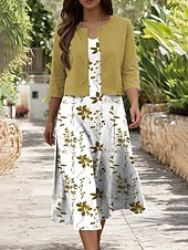 ieftine rochie florală-Pentru femei Set de rochii Rochie A line Elegant Casual Floral Grafic Multistratificat Imprimeu Rochii Midi Manșon Jumate În V Zilnic Albastru piscină Galben Mov Vară Primăvară Fit regulat