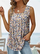 abordables Camisetas y camisolas de mujer-Mujer Camiseta Camiseta superior Frunce Retazos Estampado Floral Graphic Moda Clásico Casual Sin Mangas Escote Cuadrado Tops regulares Tops cortos Diario Noche Fin de semana Azul Piscina Negro Blanco