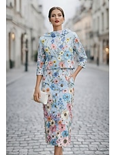 economico Set di abiti per la mamma-Due Pezzi Tubino Colonna Abito Lunghezza Tè Vestito da Festa Abito da Cocktail Abito da invitata a nozze Abito da cerimonia per signora Manica Lunga Scollo a Barca Elegante Vintage Formale Ospite di
