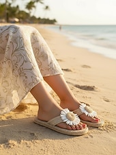 economico Infradito scivolosi-Sandali da spiaggia da donna color arancione acceso con girasoli - romantici sandali bohémien in paglia intrecciata con dettagli floreali per le vacanze estive e le fughe su isole tropicali &amp;feste in