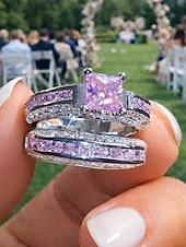 abordables Boda ACC-Juego de anillos para mujer, cobre con circonitas cúbicas, multicolor, elegantes anillos a juego para bodas, fiestas y eventos formales, joyería nupcial o de noche perfecta.