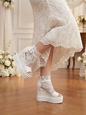 tanie Panna młoda-damskie białe koturny na platformie z odkrytymi palcami – stylowe buty ślubne na miejskie wesela