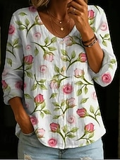economico Bluse Floreali-Per donna Blusa Bottoni Stampato Floreale Elegante Vacanza Casual Manica Lunga Girocollo Top Regolari Quotidiano Blu Bianco Rosa Viola Verde Estate Primavera Autunno