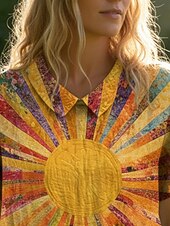 Недорогие Искусство и Дизайн Блузки-женская блузка пуговицы принт графический рисунок солнце отпуск повседневная повседневная короткий рукав текстурированная ткань рубашка воротник обычный топы повседневный отдых выход на улицу