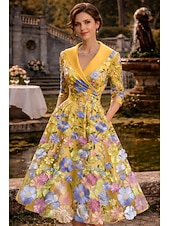 abordables Robes de cocktail-Ligne A Longueur thé Robes de Cocktail Élégant ancien Floral Demi Manches Revers Fête de jardin Mariage Poche Satin Dos Bénitier avec Fleur brodée Broderie Poche
