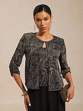 tanie Eleganckie bluzki-Damskie Koszula Boho Bluzka Eleganckie topy Błyszczący W Tureckie Wzory Elegancja Elegancki Rękaw 3/4 Półgolf Zwykłe topy Codzienny Praca Gość weselny Czarny Lato Wiosna Jesień