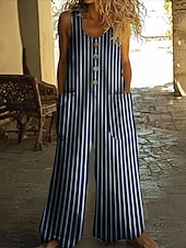 billige ferie jumpsuit-Dame Kjeledresser Aktiv Stripet Ermeløs Ermeløs Bred Bukseben U-hals Lomme Knapper Daglig Feriereise Løstsittende Blå Militærgrønn Navyblå Sommer