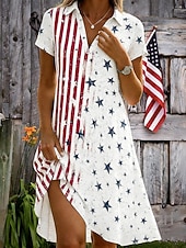 preiswerte Unabhängigkeitstag Kleid-Amerikanischer Unabhängigkeitstag Damen Minikleid A Linie Kleid Urlaub Lässig Strand Normale Passform Grafik Flagge Kurzarm V Ausschnitt Schwarz Weiß Rote Sommer Frühling