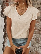 baratos Blusas Elegantes-Mulheres Camisa Social Topo de ilhó Blusa Patchwork Tecido à moda Clássico Moderno Manga Curta Decote V Tops regulares Diário Feriado Para Noite Preto Azul Céu Roxo Claro Laranja Verde Verão Primavera
