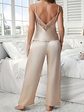 preiswerte Damen Nachthemden und Sleepshirts-Damen Schlafanzug Schlafanzug Set Einfach Lässig Einfarbig Spitze Elastischer Bund Hose Täglich Heim Urlaub Ärmellos Träger Schwarz Rosa Rote Beige Sommer Frühling Normale Passform