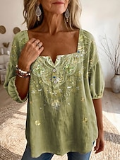 abordables Blusas Florales-Mujer Blusa Estampado Floral Graphic Diario Elegante Básico Media Manga Escote Cuadrado Tops regulares Diario Azul Piscina Amarillo Rosa Verde Trébol Verano Primavera